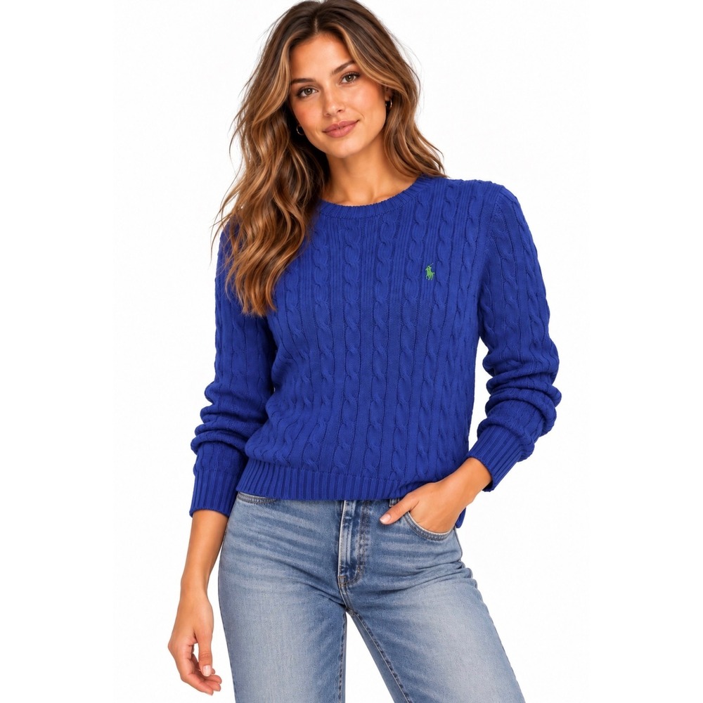 Ralph Lauren Cable Knit Crewneck Sweater Size Womens Size M Blue Classic Preppy